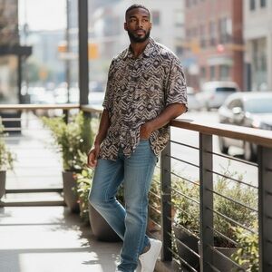 Robert Stock Abstract Pattern Silk Short Sleeve Button-up Men's Shirt Packet XL